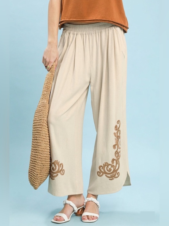 Umgee Pants - Umgee Linen Embroidered Wide-Leg Boho Pants